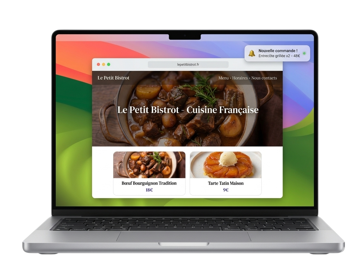 Aperçu d'un site de restaurant sur ordinateur portable
