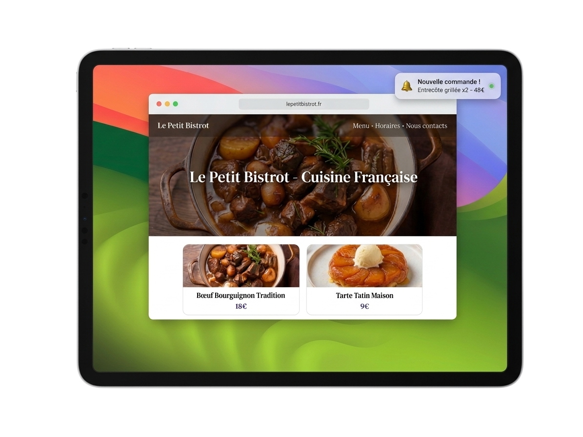Aperçu d'un site de restaurant sur tablette